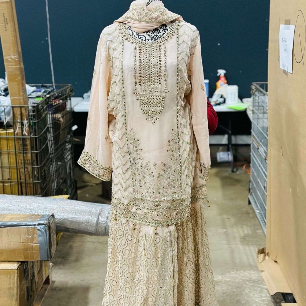 3-Piece Embroidered Crinkle Shirt With Embroidered Dupatta And Sharara Suit, Lig